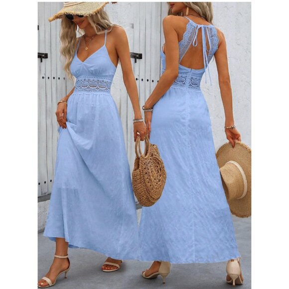 Boho Hollow Out Lace Backless Maxi Dress Blue - Picture 2 of 8
